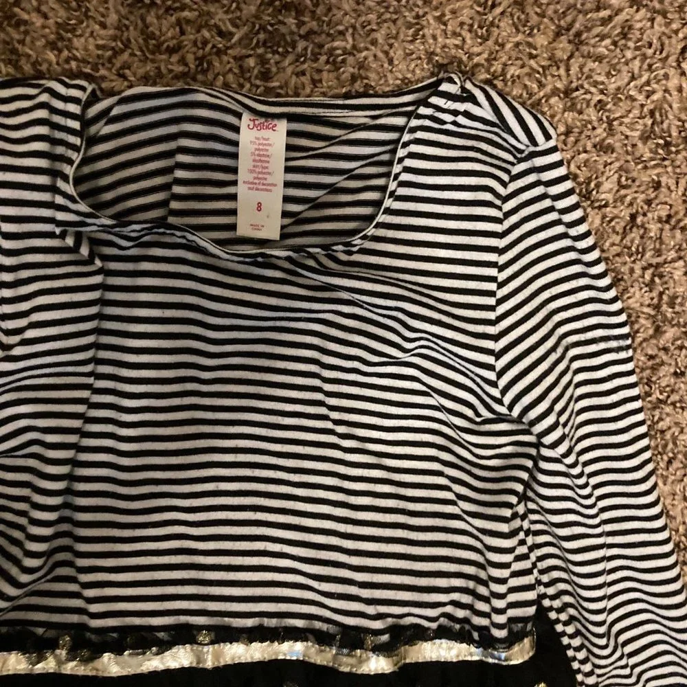 Justice Black and White Striped Dress with Tulle Polka Dot Skirt 10 Long Sleeves
